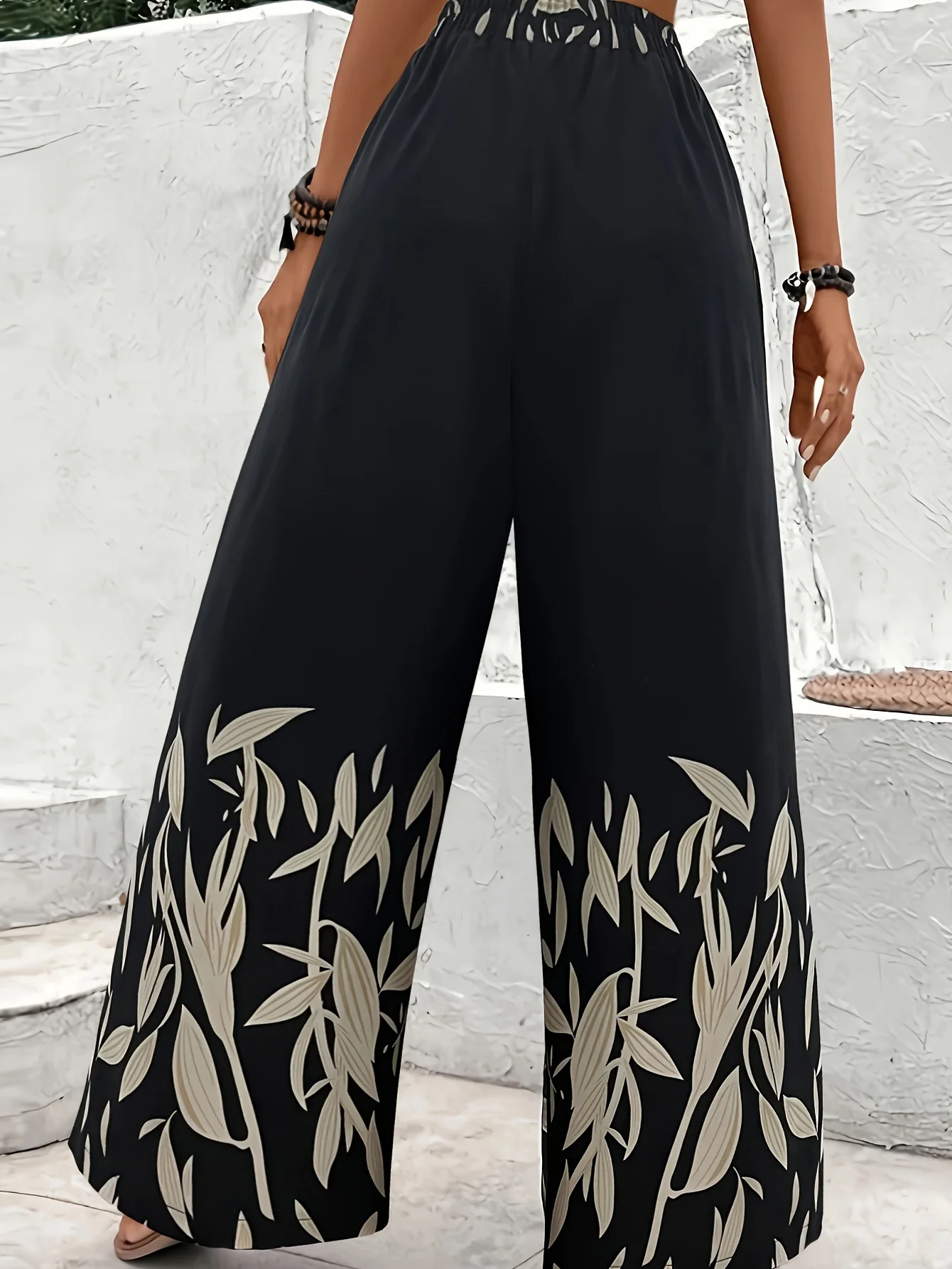 Flower printed pants fashionable waistband decoration daily casual wide leg pants comfortable and breathable wide leg pants