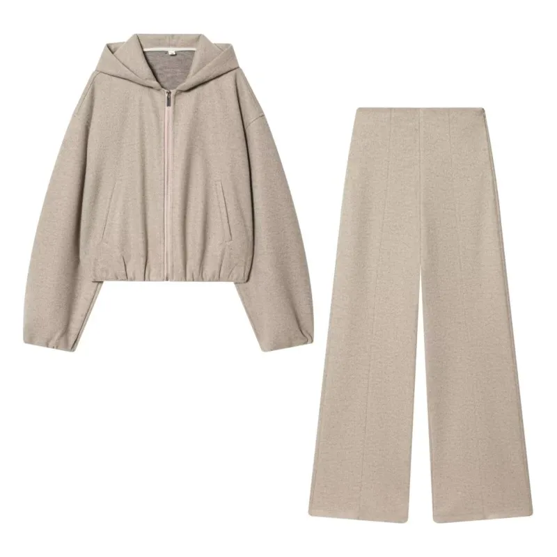 Lente Dames Eenvoudige Hoge Taille Broek Set Lange Mouw Ritsvak O Hals Capuchon Zachte Broek met Zijrits Dames Outfit