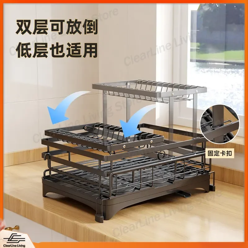 Multifunctional Dish Storage Rack for Kitchen Sink Countertop Chopsticks Plate Drain Organizer Double Layer Foldable view 5