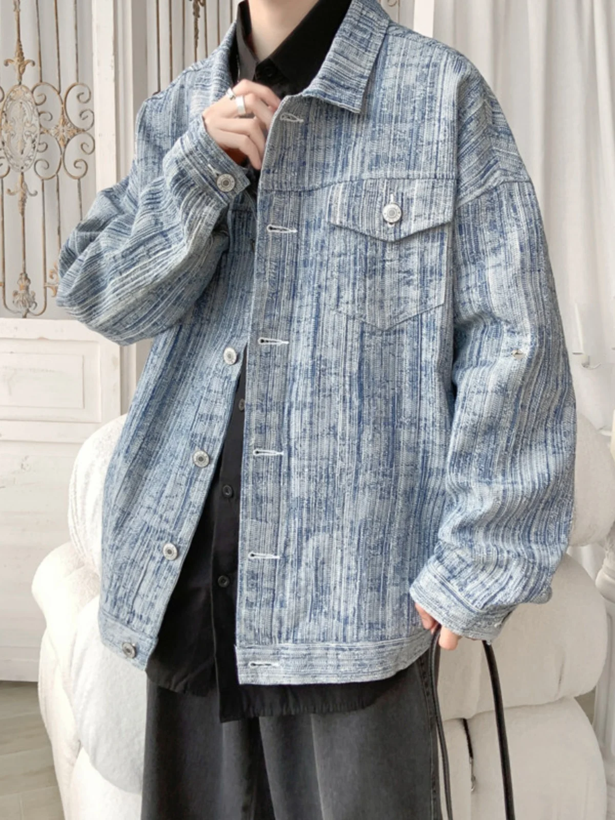 

Loose Fit Men's Denim Jaet Casual Waed Sle Autumn Wear Versatile Youthful Cotton Blend Long Sve Outerwear