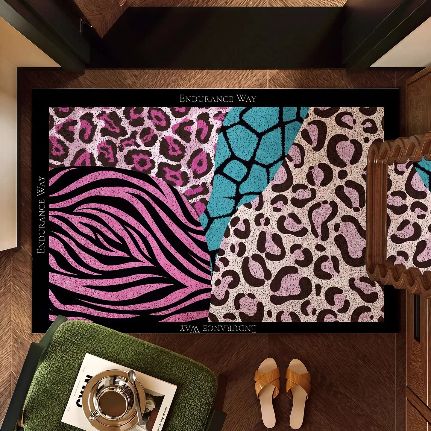 Leopard Zebra Giraffe Cow Pattern PVC Silk Loop Entrance Rug Non-Slip Dirt Trapper Welcome Floor Mat for Front Door Home Decor