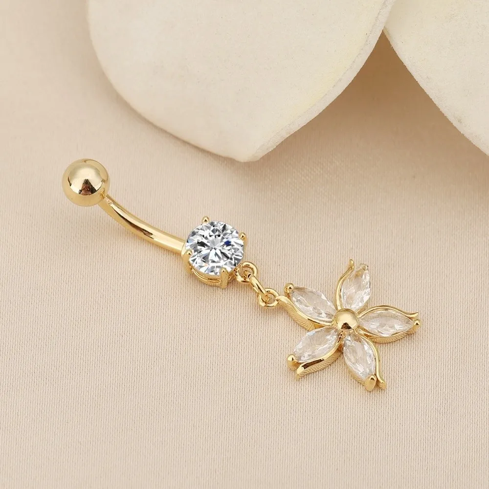 Alloy Rhinestone Piercing Belly Dangled Design Dual Color Apricot Blossom Navel Jewelry Shiny Mini Flower Rhinestone Belly Ring