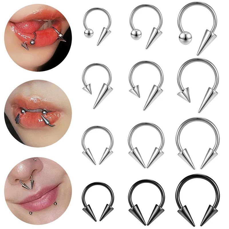 16G Cone Septum Ring Stainless Steel Horseshoe Nose Piercing Spike Lip Rings Black Color Tragus Helix Earring Body Jewelry