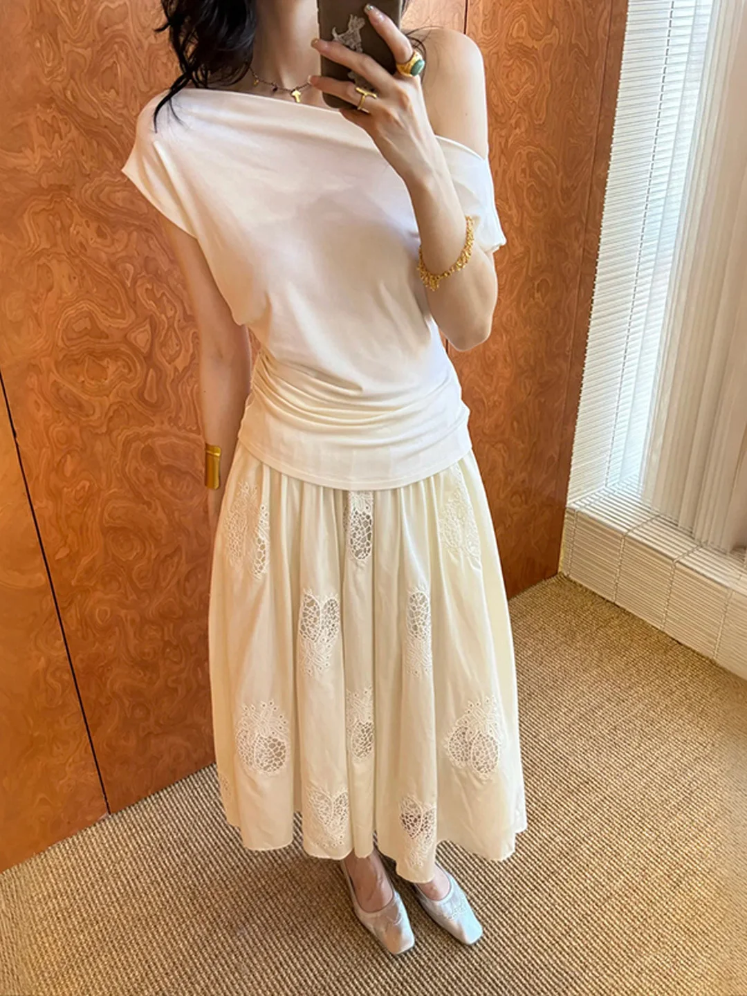 

Asymmetrical Heavy Embroidery Hollow out Hook Weave Floral Side Sa Midi Skirt Breathable High Waist Loose Fit