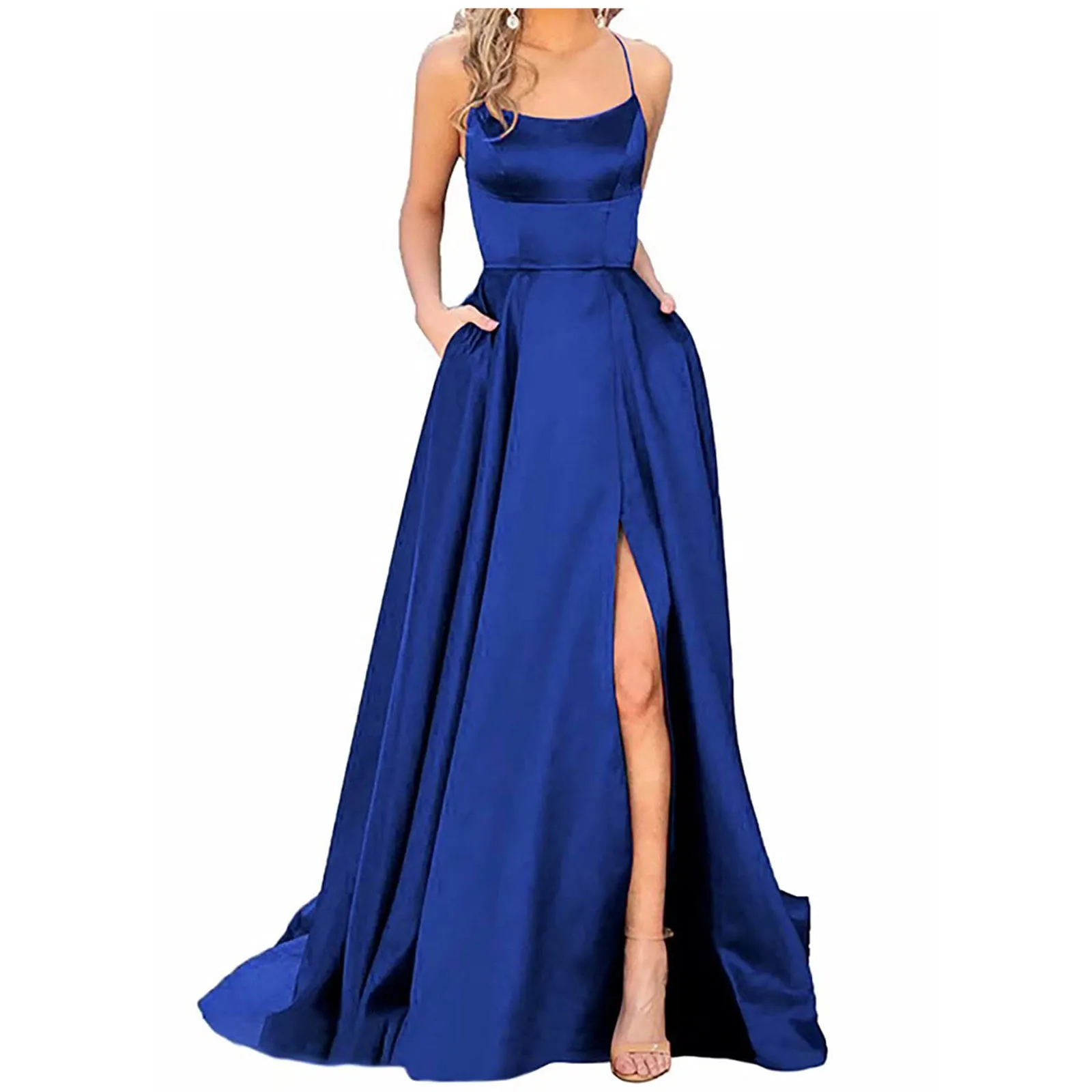 Frauen lange Kleider rücken frei lange Kleider Satin Riemen Party kleid Seite Schlitz Hochzeits taschen Kleid vestidos платье 2024