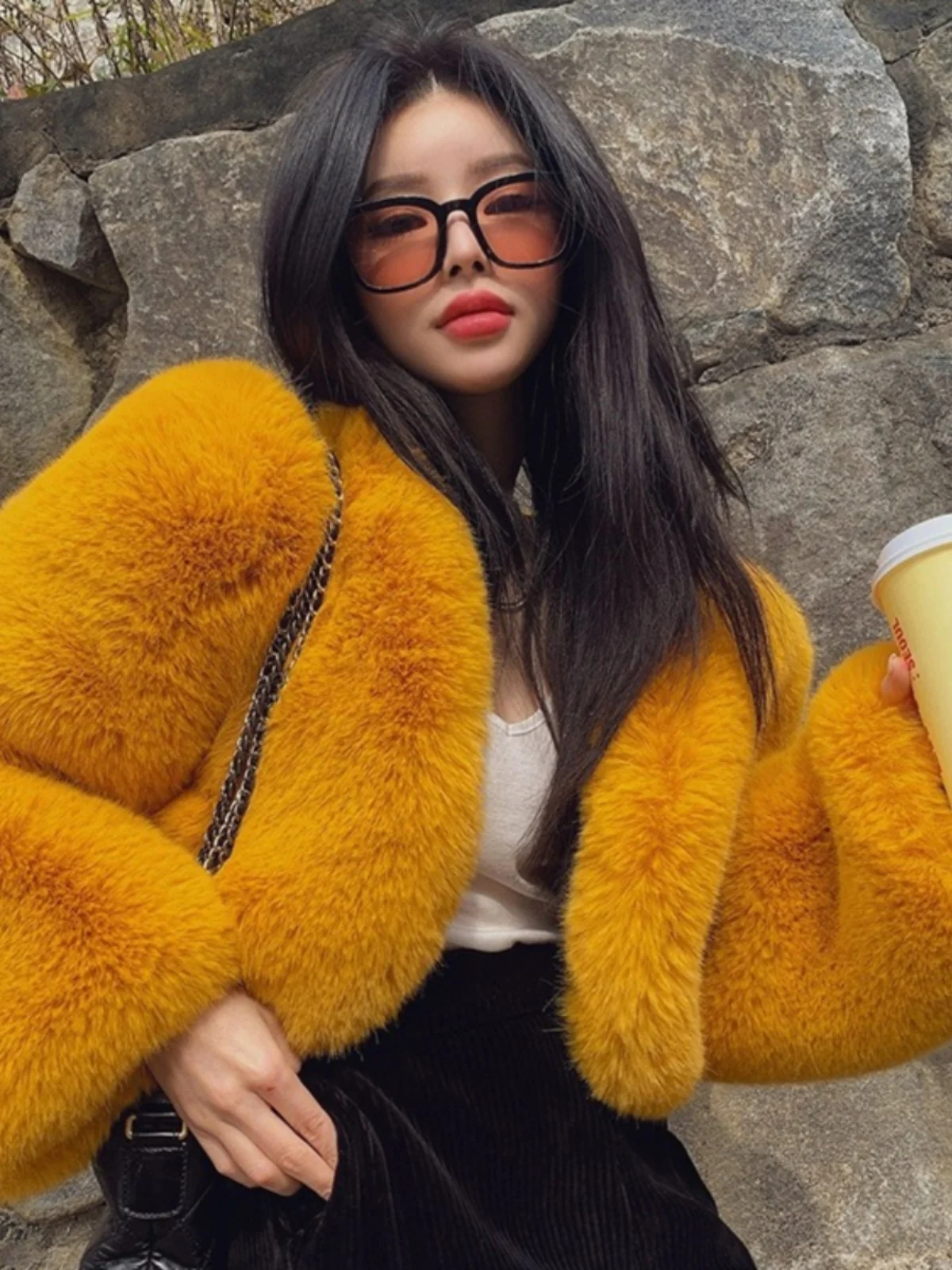 Cappotto in Pelliccia di Agnello da Donna, Trendy Cappotto Lungo in Finta Pelliccia di Coniglio, Elegante Cappotto a Vita Alta con Bordi per il Pendolarismo