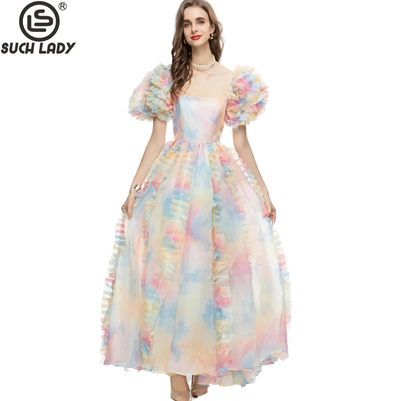 

Women's Runway Dresses Square Neckline Short Sleeves Appliques Ruffles Elegant Ball Gown Designer Party Prom Gown