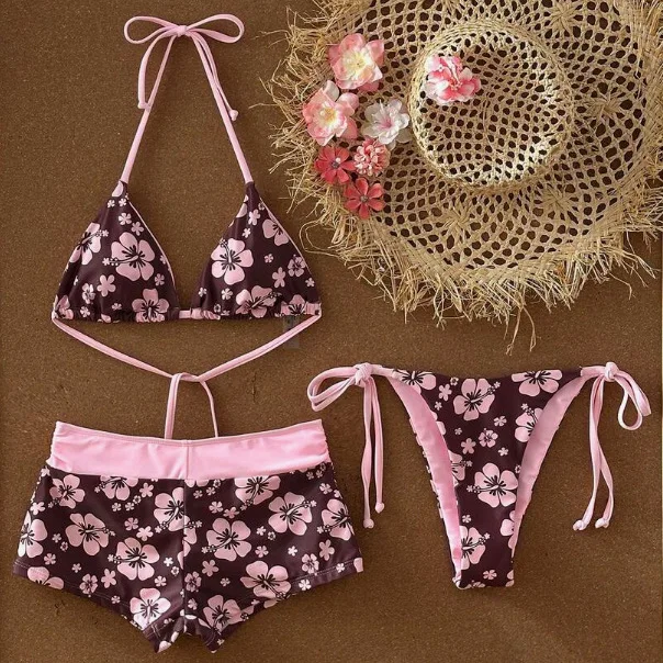 Women 3 Piece Bikinis Set Swimsuits Hawaiian Hibiscus Floral Print Halter Bikini Top Contrast Waist Side Drawstring Swim Shorts