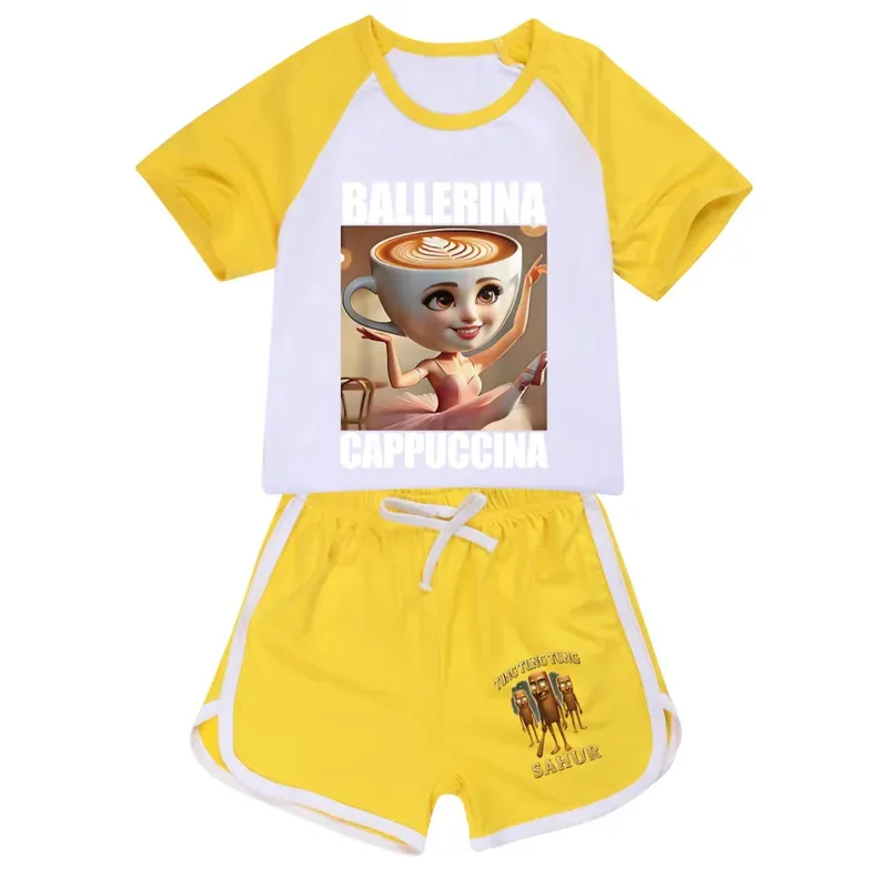 لطيف راقصة الباليه Cappuccina ملابس الاطفال الصيف تونغ صحور بيجامة طفل الفتيات قصيرة الأكمام تي شيرت + السراويل طفل الفتيان ملابس النوم #3