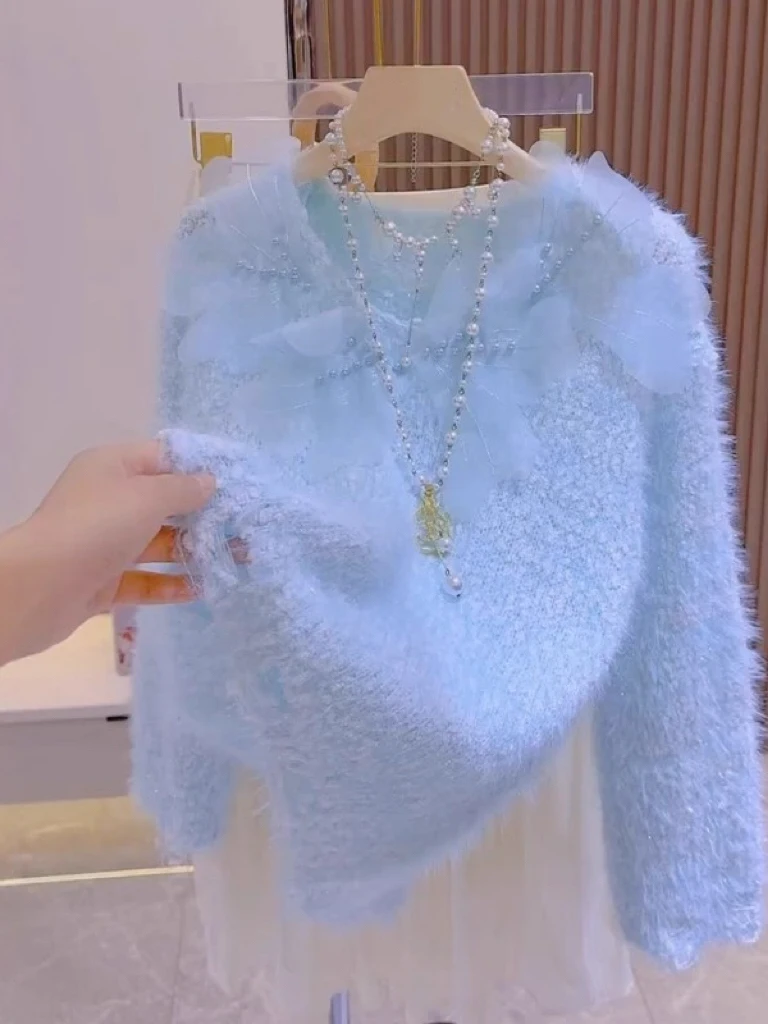 

Blue Fur Simulation V-Ne Sweater Women's Autumn Winter Soft Cute Anti-Aging Lazy Sle Overhead Knitted Sweater Women