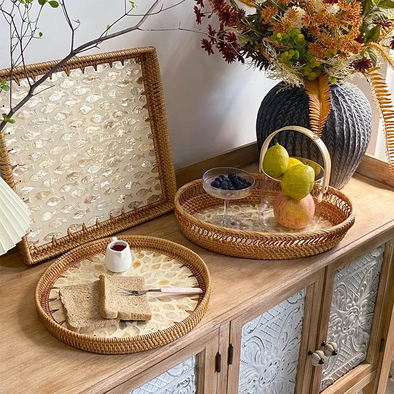 

Rattan Shell Storage Tray Picnic Plate Artwork Creative Golden Storage Home Living Room Club Cake Coffee Restaurant Tray