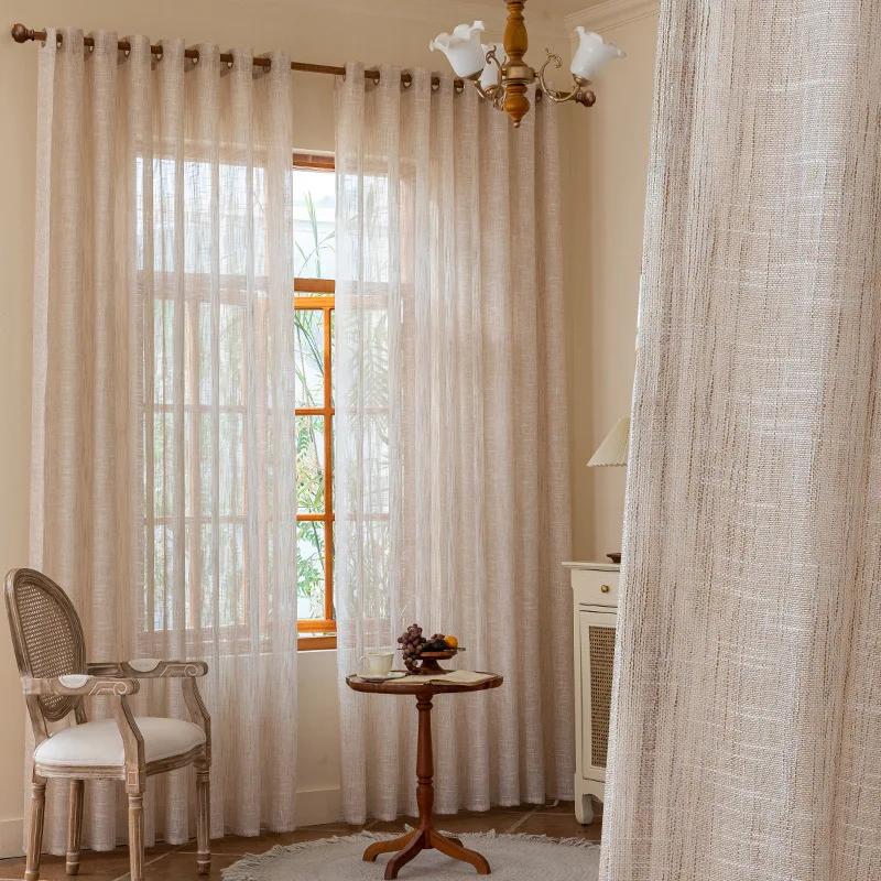 Linen Textured Beige Sheer Curtain Natural Semi Transparent Voile Grommet Top Curtain for Living Room Bedroom Window Decor