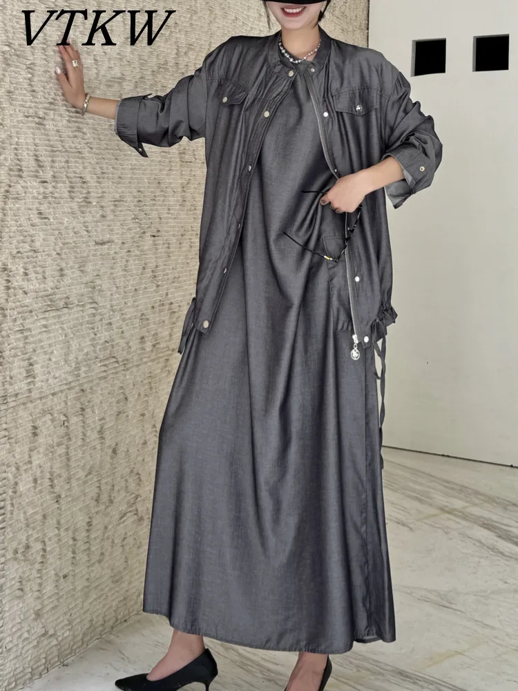 

VTKW Gray Coat Loose And Versatile Long Dress For 2025 Spring Style Ladies High-quality Design Two-piece With Versatile Appeal.