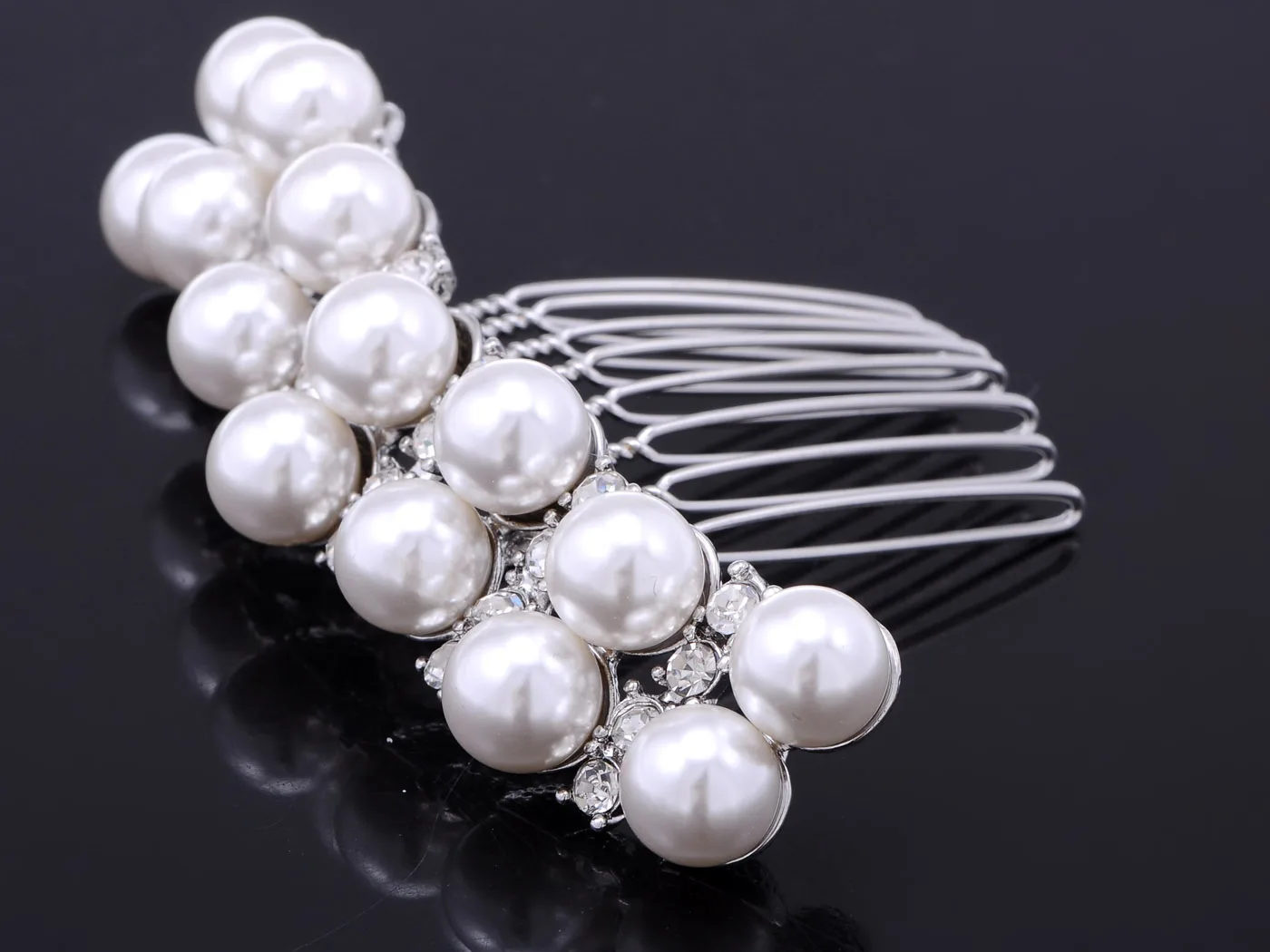 Silvery Tone Crystal Rhinestone Simulated Pearl Bar Bridal Hair Comb