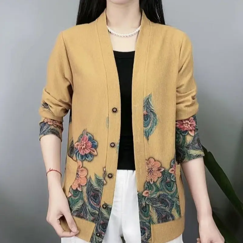 Vintage Woman Clothes Cardigan Long Floral Coat Streetwear Spring Autumn Long Sleeve V-neck Versatile Fashion Casual Knit Jacket