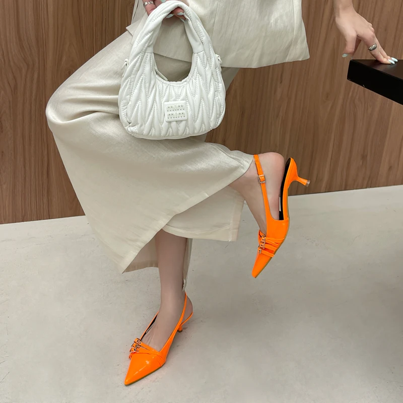 Orange Ladie Pumps Pink High Heels Sexy Pointed Toe Slingback Shoes Women Belt Buckle Low Heel Summer Office Shoes Blue