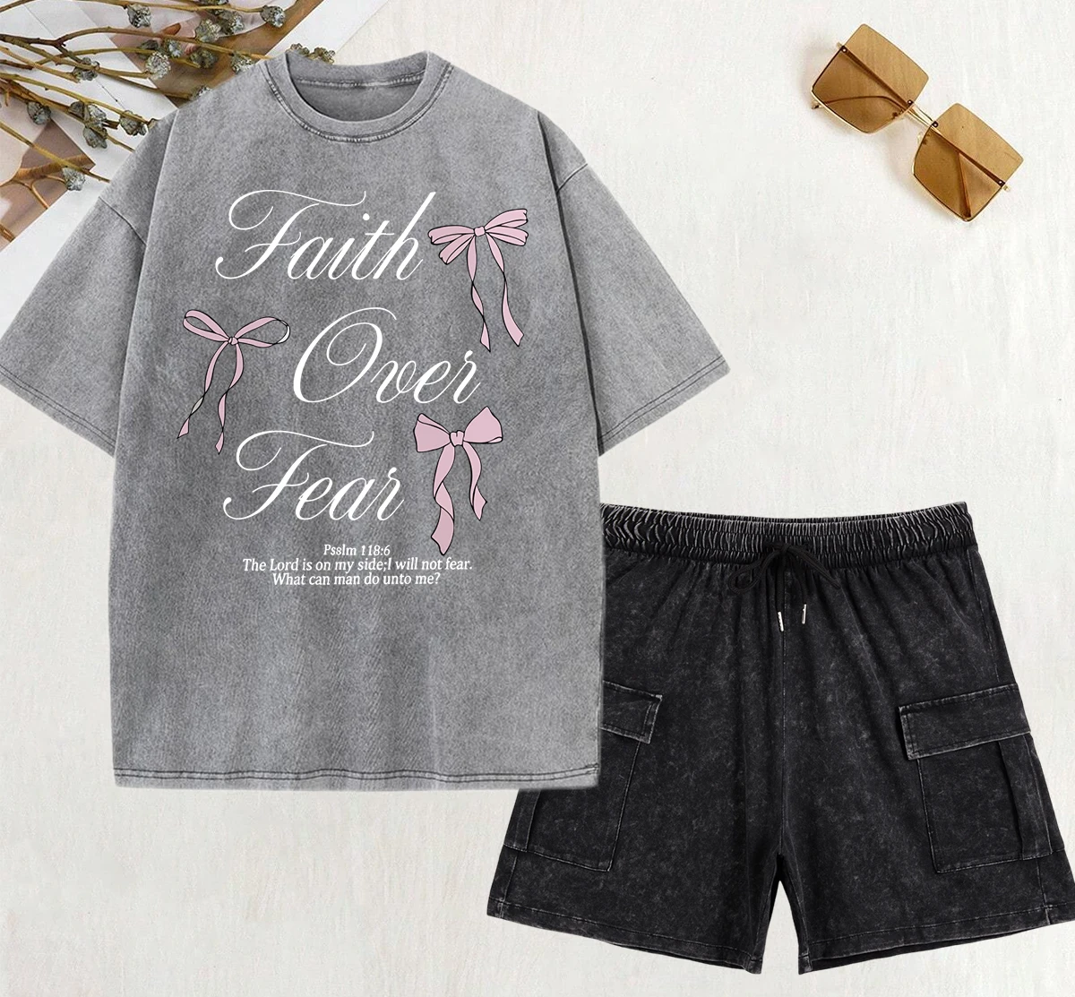 

Pink Bow Faith Over Fear Printed Women Washed T Shirts Sets Fashion O-Neck T-Shirt Street Hip Hop Pants Cotton Casual Clothing