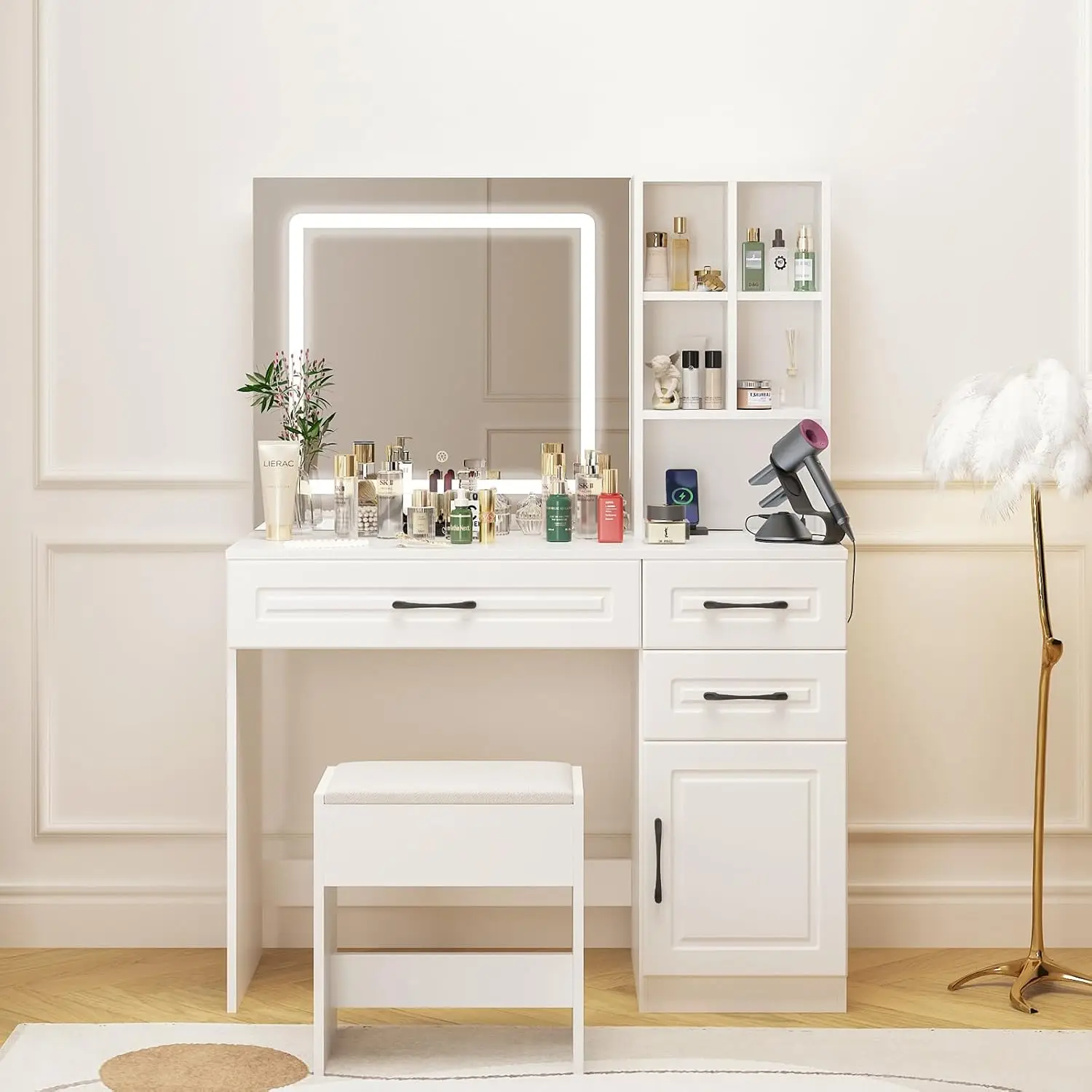 **/Table Set, HD Lighted Mirror Vanity Desk With Power Outlet And LED Strip 3-Color Adjustable Makeup Mirror With Drawers