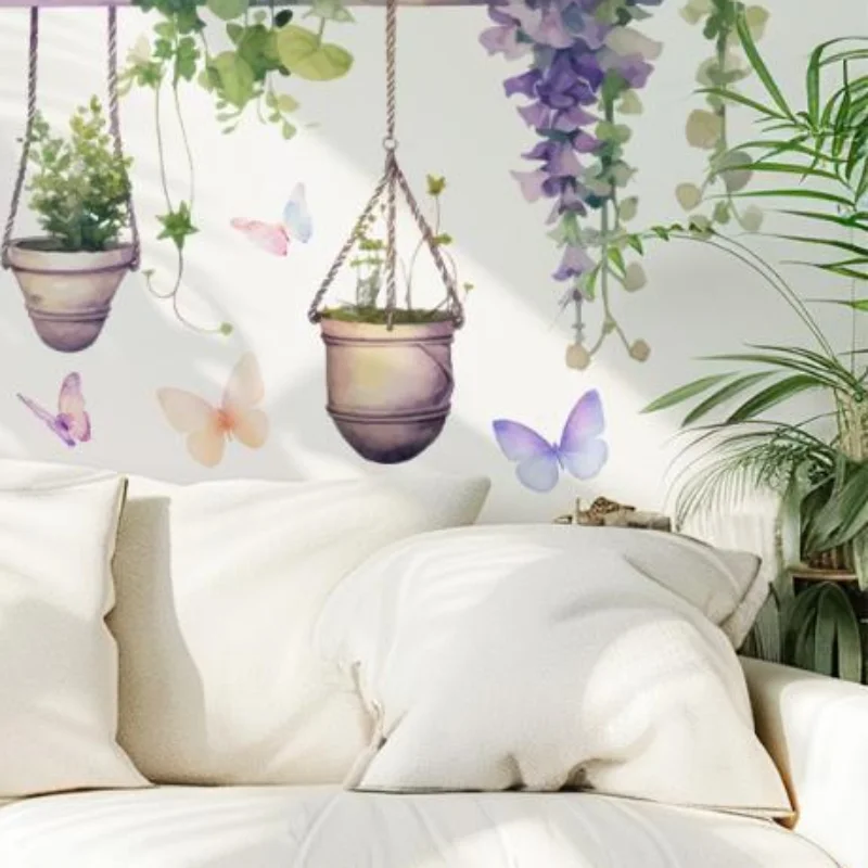 Watercolor Hanging Flower Wall Stickers Self Adhesive Colorful Butterflies for Coffee Shop Bookstore Wall Decoration