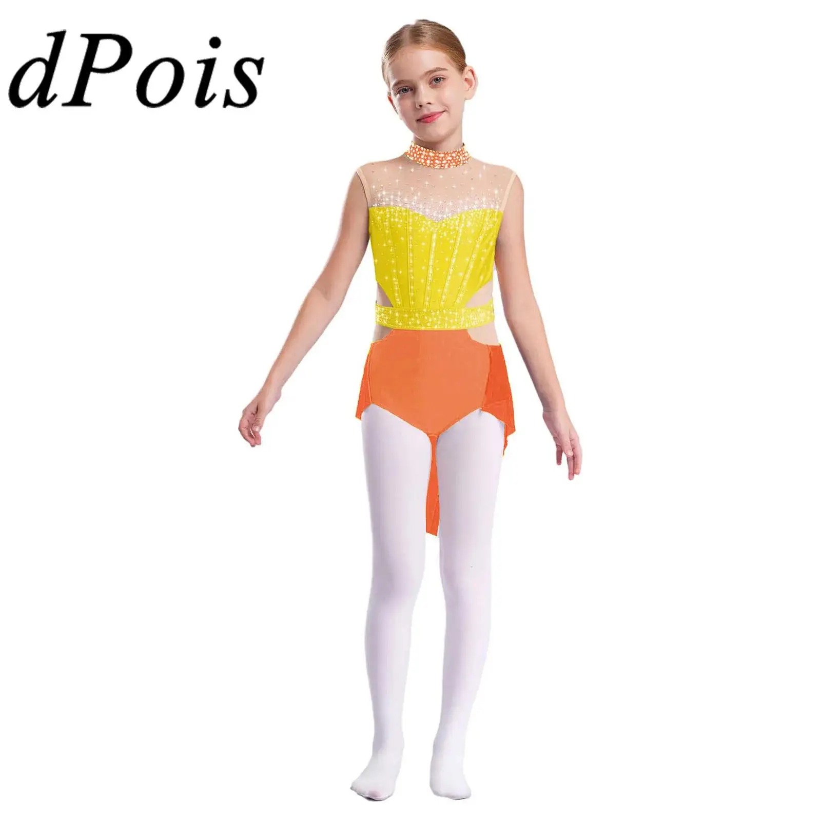 키드 걸 발레 저지 피겨 스케이팅 의상 체조 레오타드 민소매 라인스톤 메쉬 스커트 바디수트 리리컬 댄스 드레스