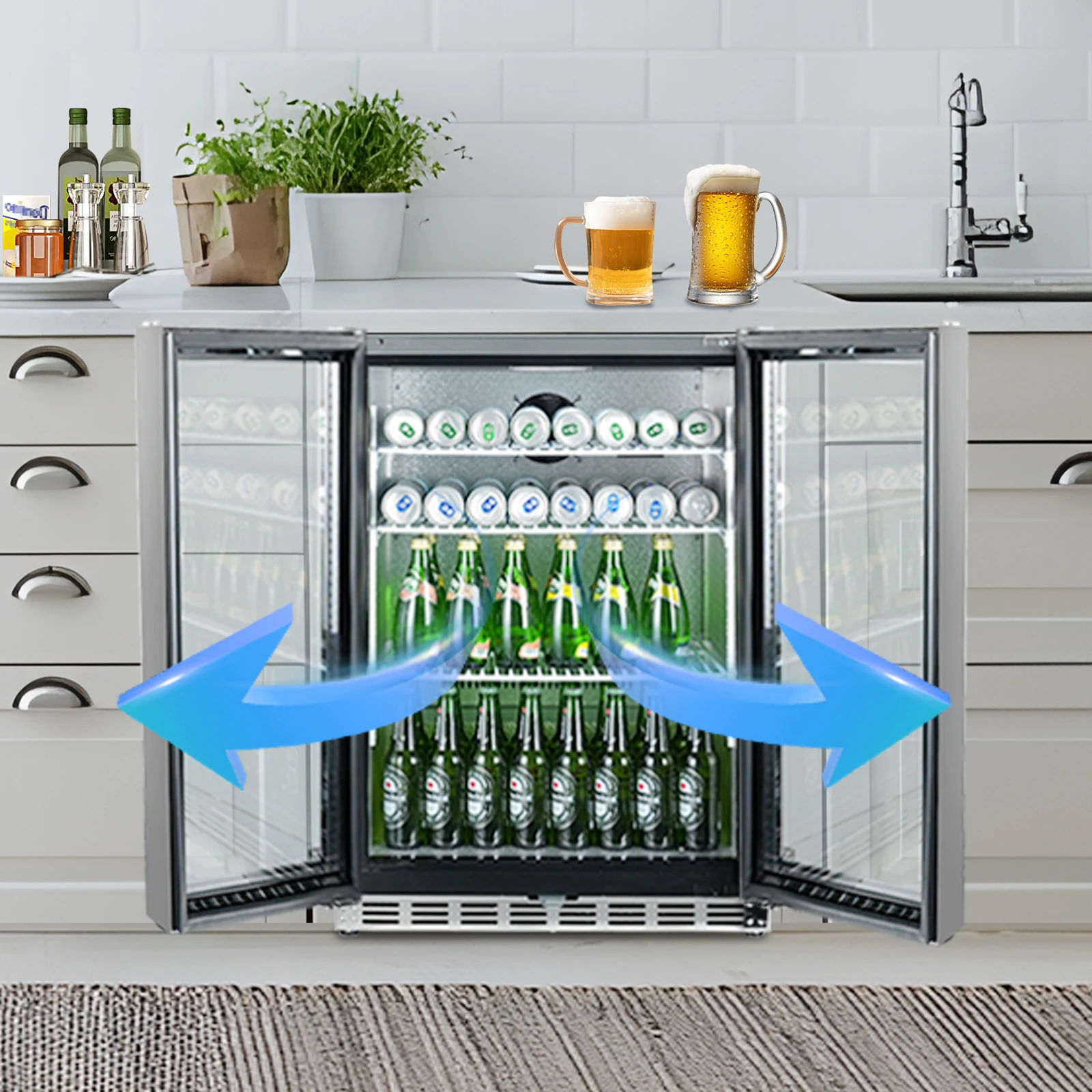 HCK 24 Inch Beverage Refrigerator, 180 Can Under Counter Fridge with Glass Door and Stainless Steel Body, Built-in or Freestandi