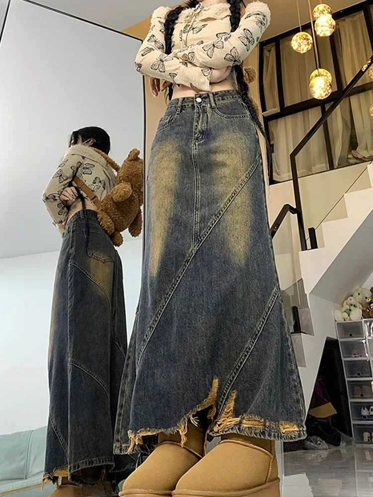 

Chic Designed High Waist Solid Color A-line Denim Ripped Skirt Women Spring Autumn Y2K Vintage Temperament Fashion Long Faldas