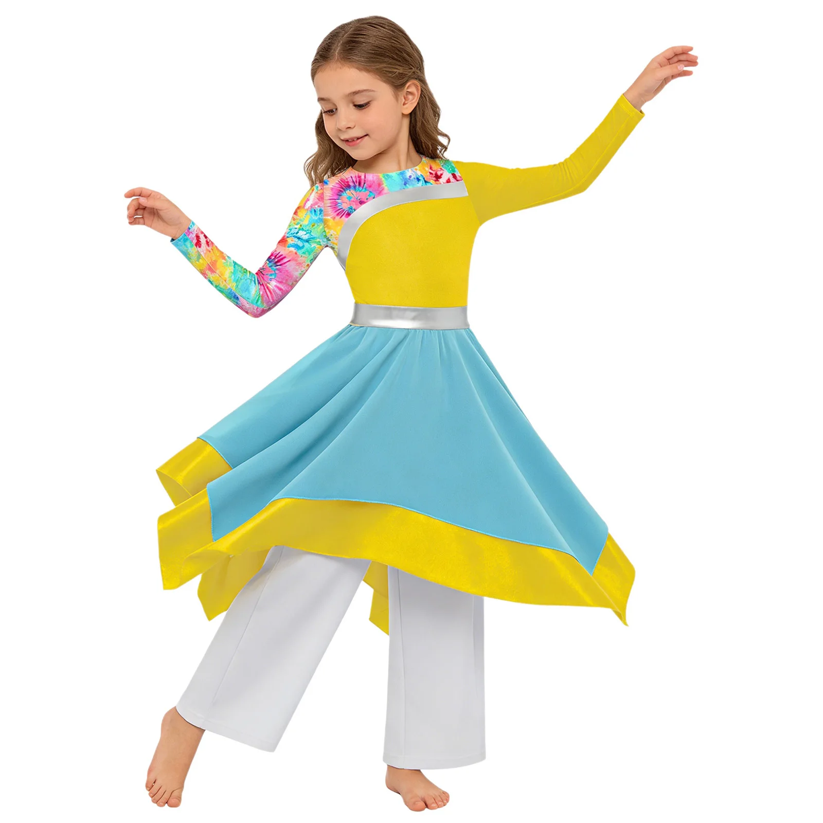 

Girls Worship Choir Dance Costume 2 Piece Set Printed Patchwork Color Block Dress with Wide Leg Pants for Praise Ballet Dance