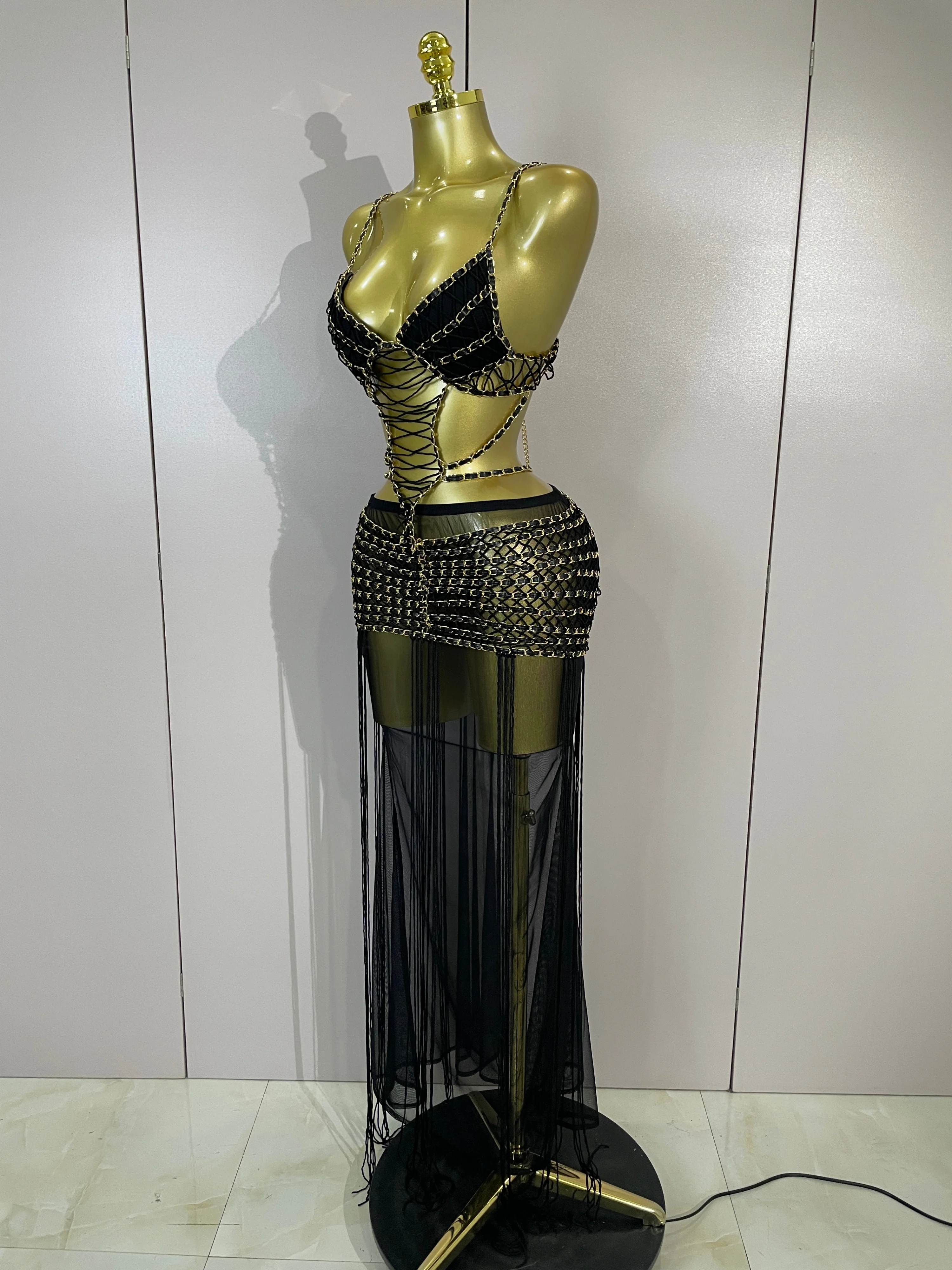 Sexy Black Halter Sequins Tassel Hollow Out Transparency Long Maxi Dress Women Eveing Celebrate Birthday Party Nightclub Outfit