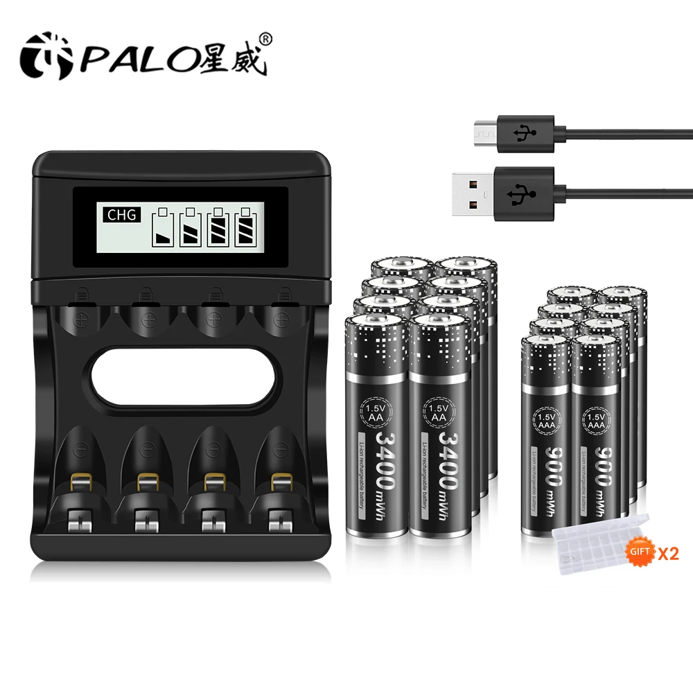 PALO 1.5V AA 충전식 리튬 이온 배터리 3400mWh/1.5V AAA 900mWh 리튬 충전식 배터리 LCD 디스플레이 스마트 충전기