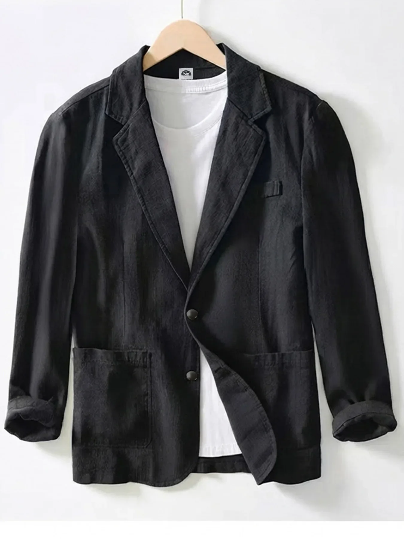 Frühling Herbst Herren Dünner Baumwoll-Freizeitblazer Zweireihig Atmungsaktiv Leichtgewicht Einfarbig Modisch Klassische Anzugjacke – Detail 5