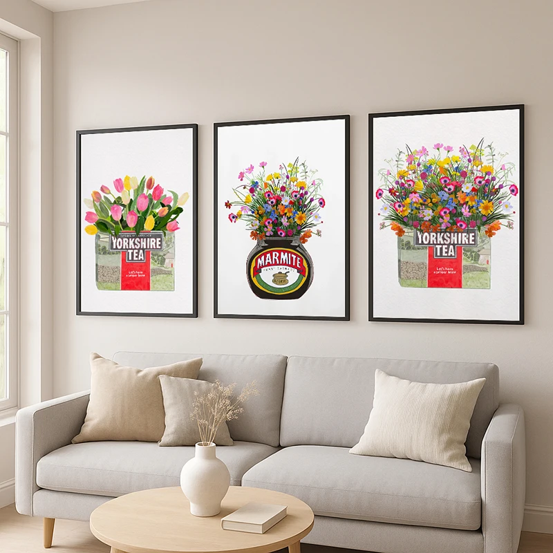 Marmite con flores silvestres coloridas para desayuno, impresiones artísticas florales para cocina, té de Yorkshire y tarro de Marmite, ramo de pared, decoración para sala de estar