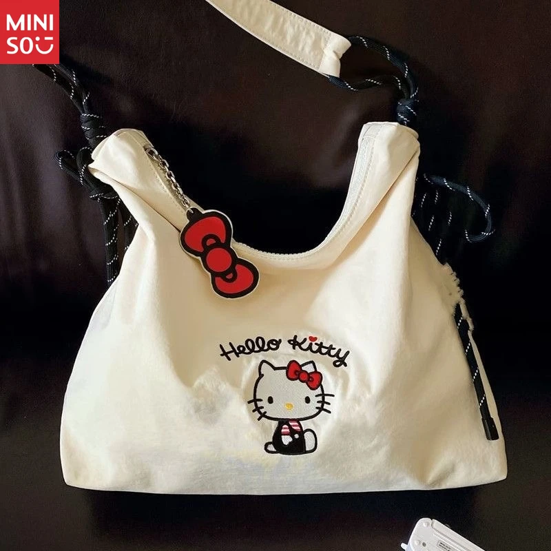 Miniso 2025 Hello Kitty Canvas Tote, Summer Embroidered Shoulder Bag for Commute