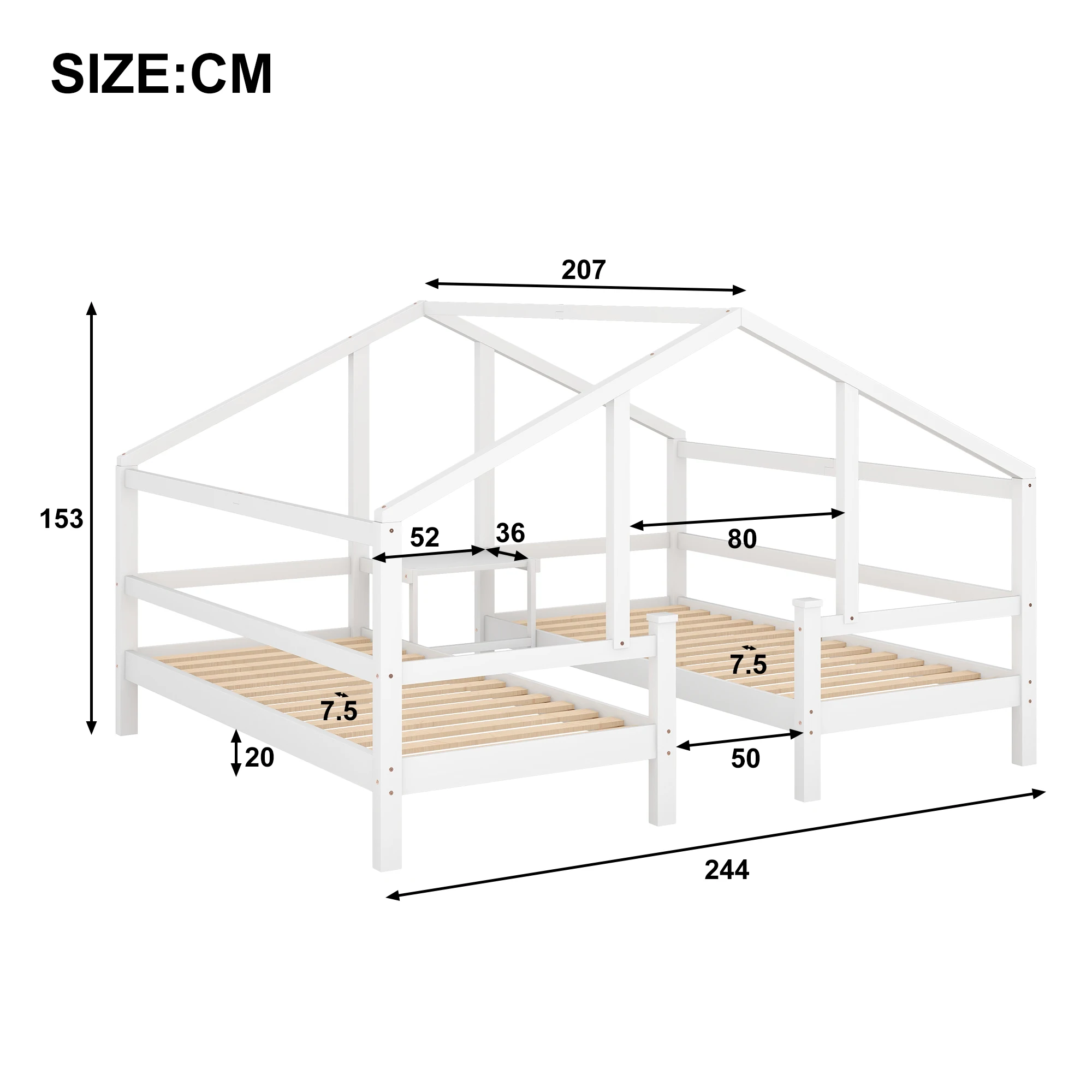 Cama de Casa multifuncional de madera maciza para 2 niños, marco de protección contra caídas, 200x90cm