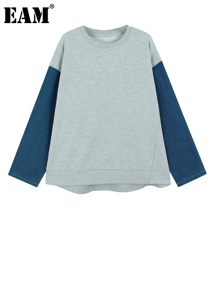 [EAM] Gray Denim Color-block Casual Sweatshirt New Round Neck Long Sleeve Women Big Size Fashion Tide Spring Autumn 2023 1DH8433