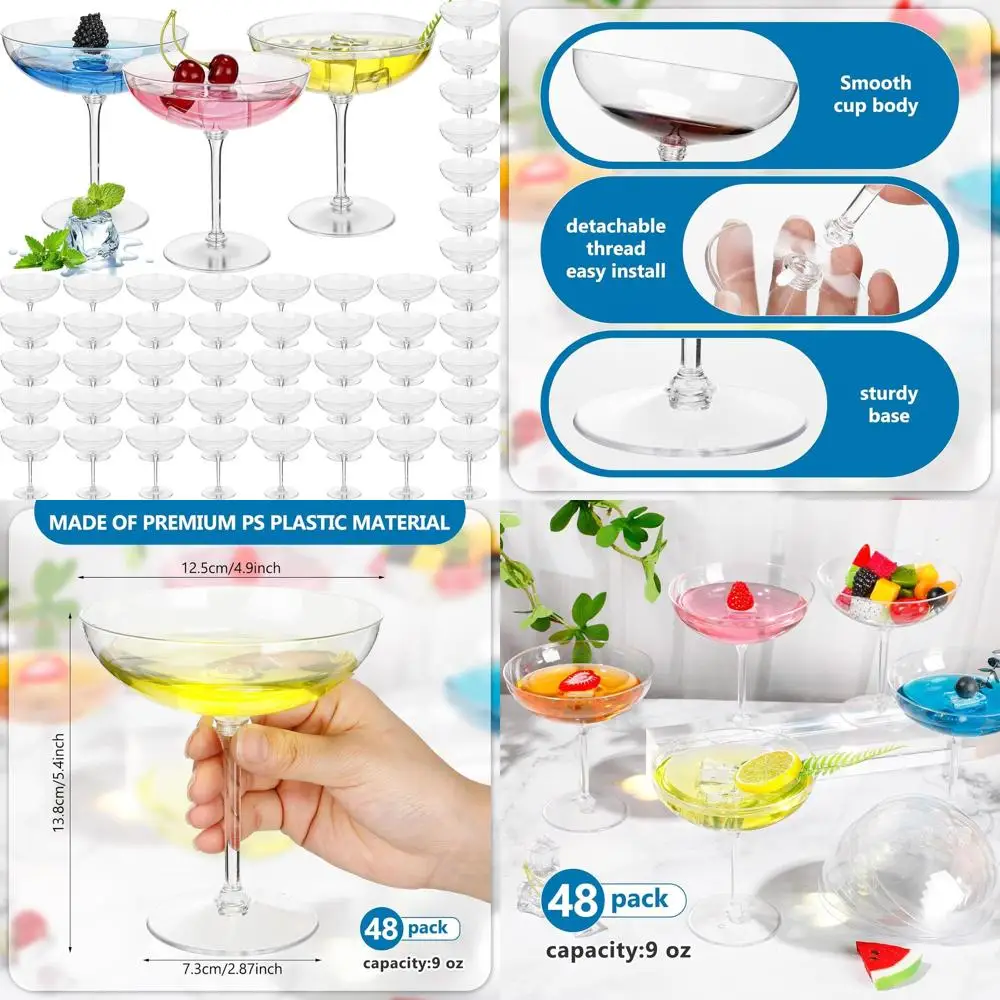 

Set of 48 Clear Plastic Martini Glasses, 9oz, Ideal for Cocktails, Desserts, and Party Supplies