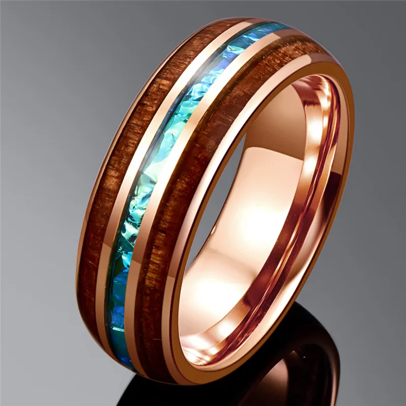 BONLAVIE Wood Tungsten Carbide Ring For Men 6MM Rose Gold Color Acacia Imitation Opal Dome tungsten Steel Ring Anillo Hombre