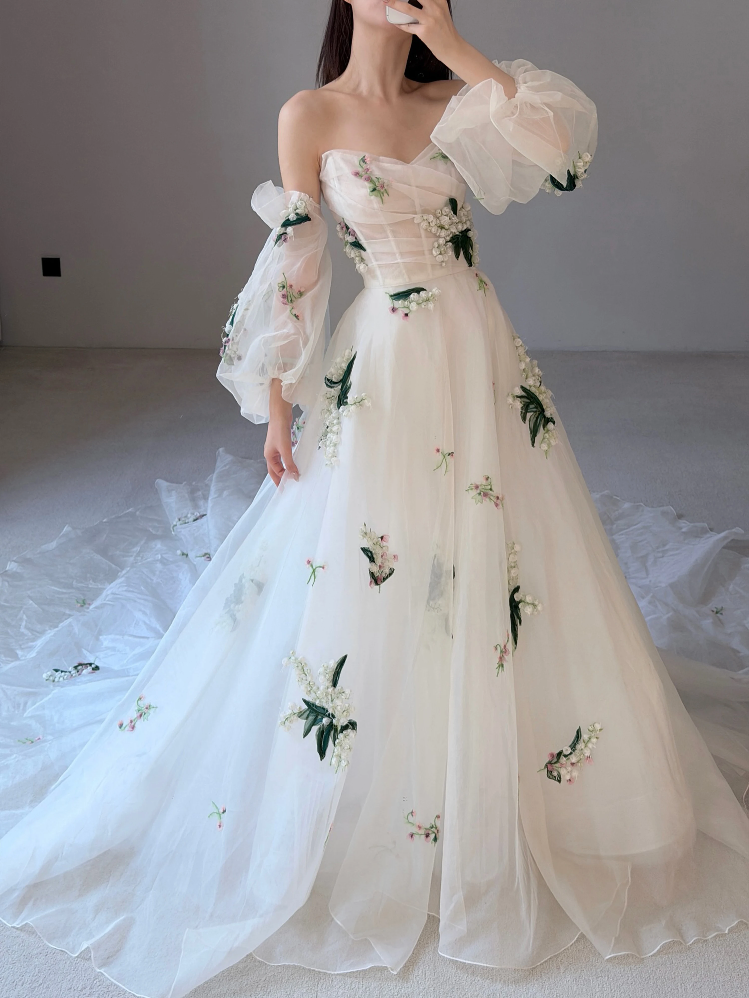 Floral Print Removable Wedding Dresses Puffy Sleeves Sweetheart Plus Size High Slit Full Length Colorful Bridal Gowns Customized