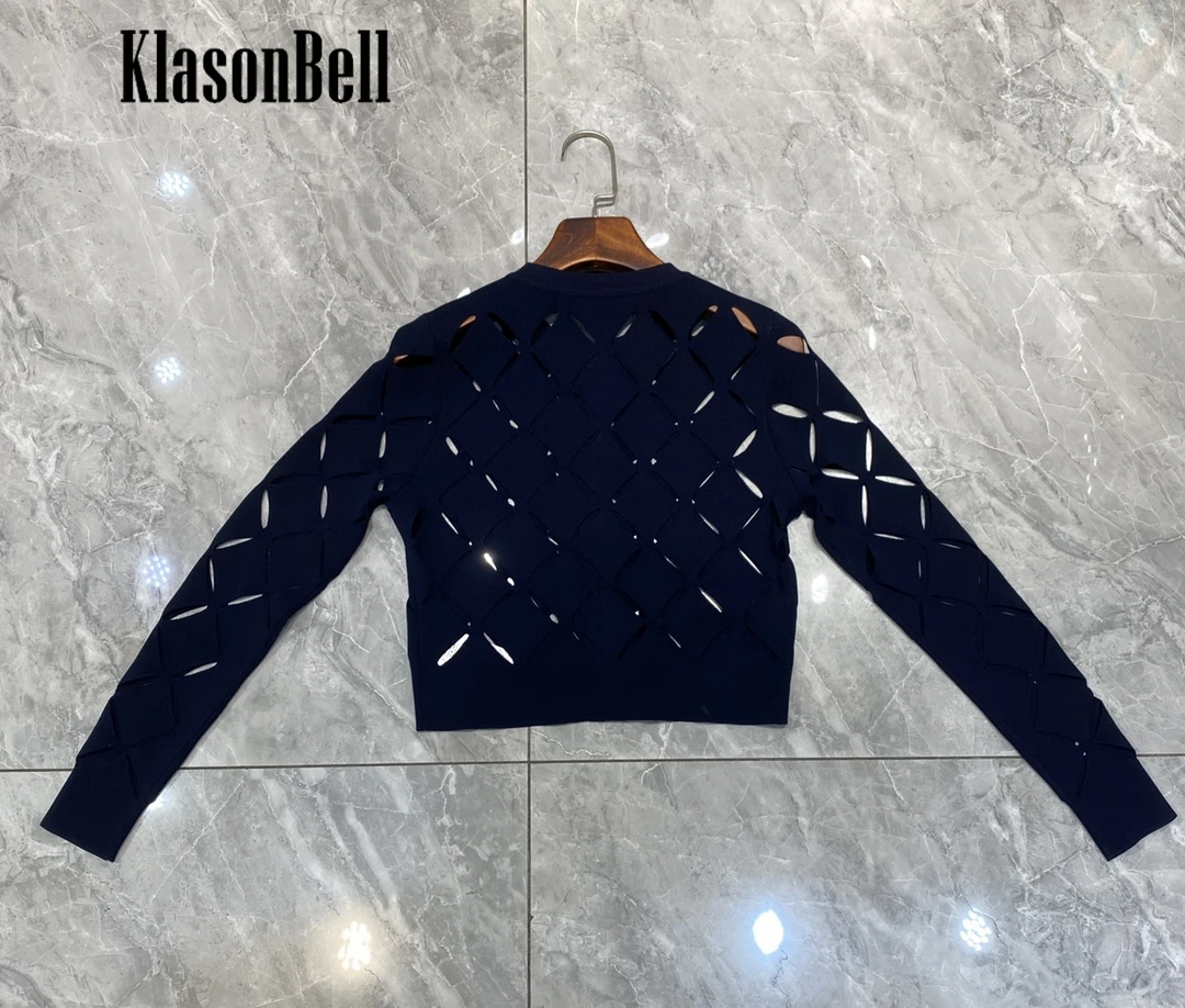 1.8 KlasonBell Temperament Hollow O-Neck Single Breasted Knit Cardigan Solid Color Elegant 2024 Spring Design Office Ladies