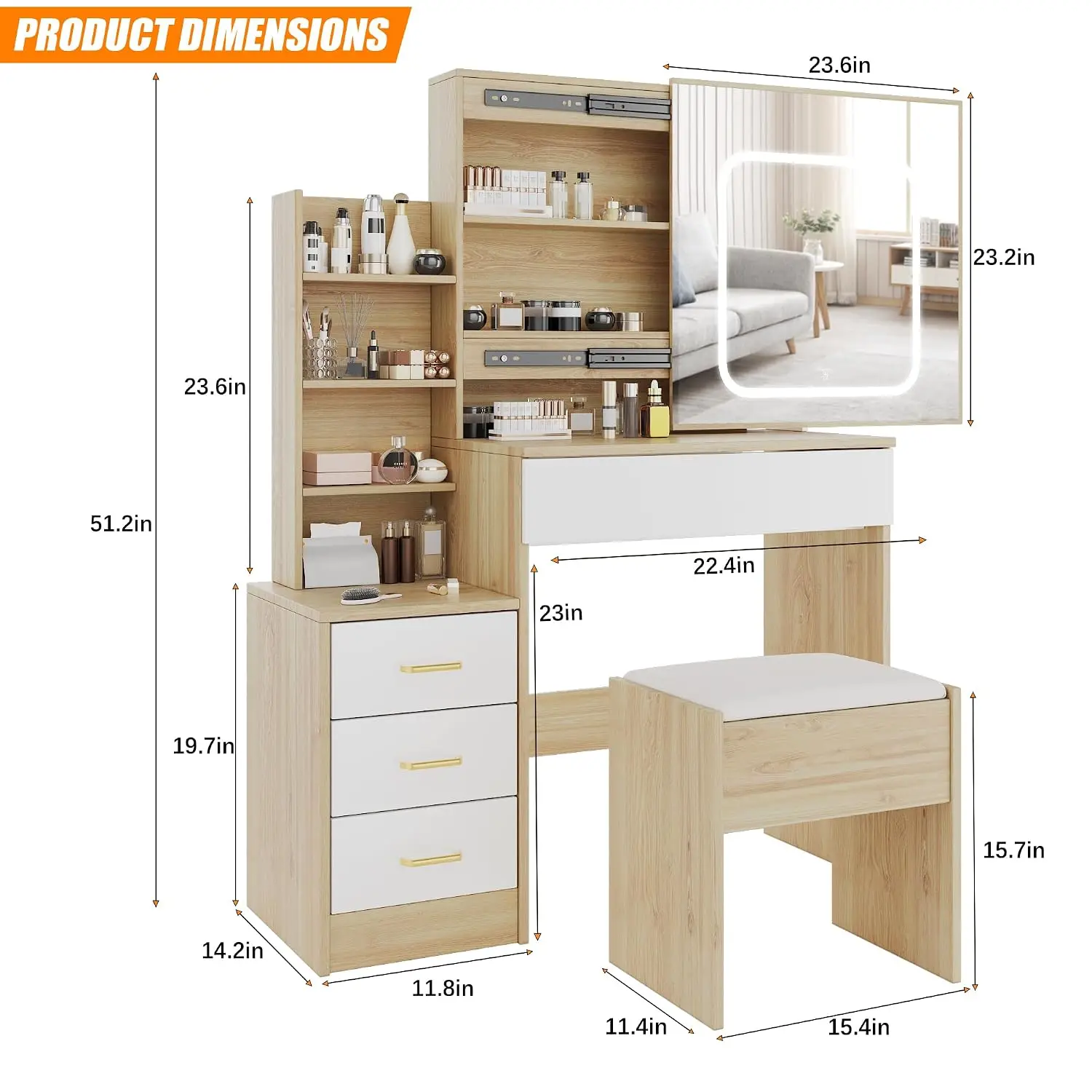 LED Mirror Vanity Desk 3-Color Light 4 Drawers Storage Shelves Power Outlet Stool Space Saving Bedroom Makeup Table, Customized