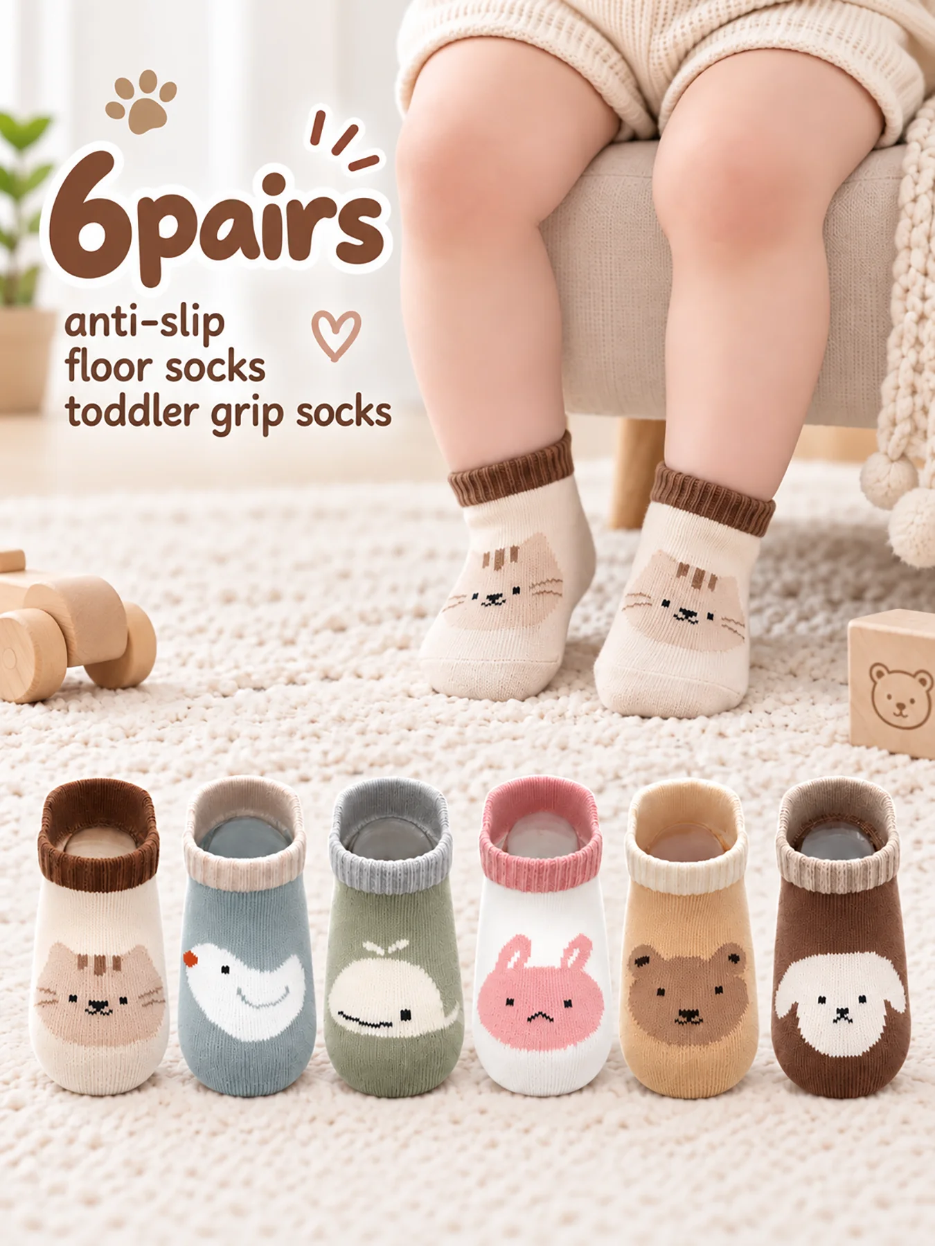 6 Pairs Cartoon Anti-slip Floor Socks for Baby Boys and Girls, Dot-grip Socks for Infants Playing Indoors, Short Toddler Socks