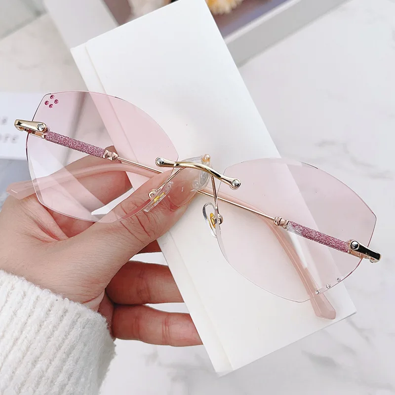 Cut Border Blue Light Reading Glasses Pink Presbyopia Glasses Frameless Women Ultra Light Gradient Purple Diamond Lenses