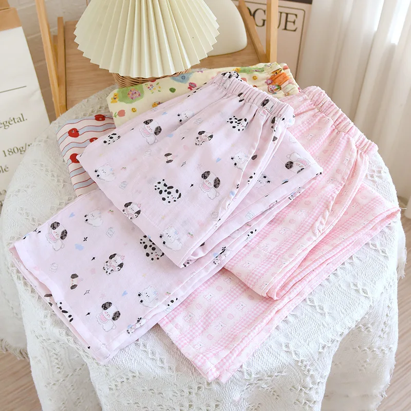 2025 Japanese Spring/Summer New Women's Pajama Pants 100% Cotton Crepe Pants Sweet and Cute Pajama Pants Ladies Loose Home Pants