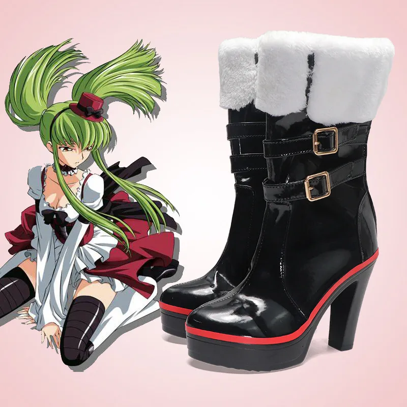 Anime CODE GEASS Lelouch of the Rebellion C.C. Cosplay Shoes Black High Heels Short PU Leather Boots For Halloween Carnival