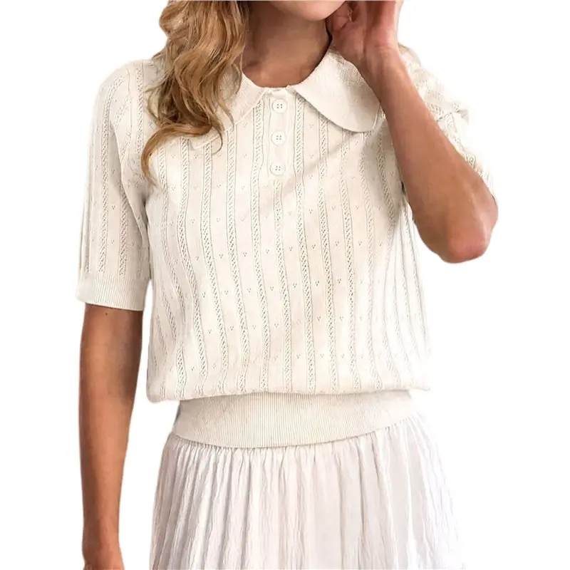 

CYL-Women's Collared Button Up Eyelet Knit Short Sleeve Casual Top