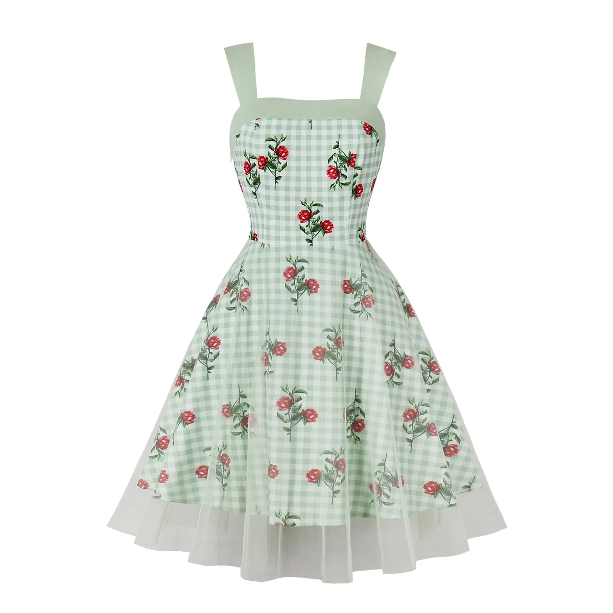 French Gentle Cute Square Neck Sleeveless Rose Printed Checkered Fresh Elegant Girls Retro Rustic Afternoon Tea Sweet Mesh Dress