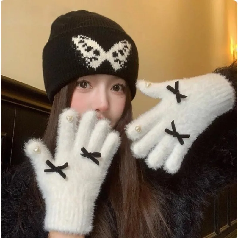 Winter Gloves Women Warm Thermal Gloves Japanese Sweet Bow Love Imitation Mink Five-finger Plush Heated Mitten Snow Small Kawaii