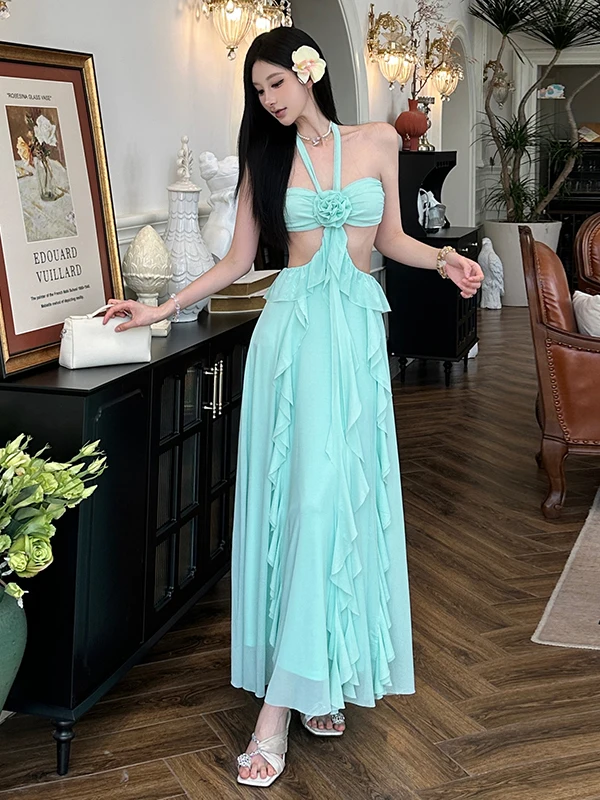 Ele Long Dr Sexy  Waist Floral Decoration Hanging Ne Girl's Dr WEIRD PUSS Brand Polyester Spandex Summer D...