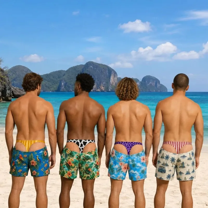 Fun Visual Trap Men's Surfing Shorts Turtle Palm Floral Cow Pattern Waist Creative Vacation Beach Pants