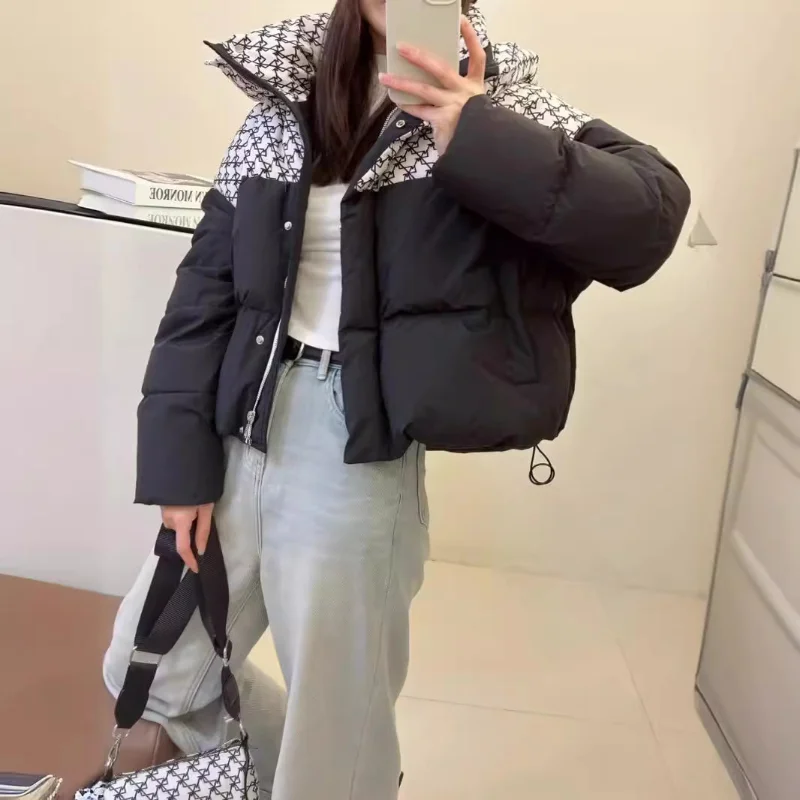 Hooded Patchwork Puffer Jackets with Satchel for Women, Short Down Coats, Padded Parka, Thick Warm Coat, Female Fashion, Winter