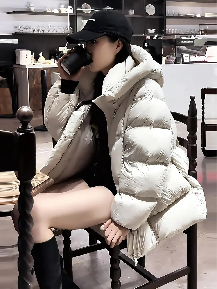 여성용 흰색 다운 패딩 재킷 겨울 코트 후드 따뜻한 슬리 스윗 슬레 레귤러 길이 무브랜드